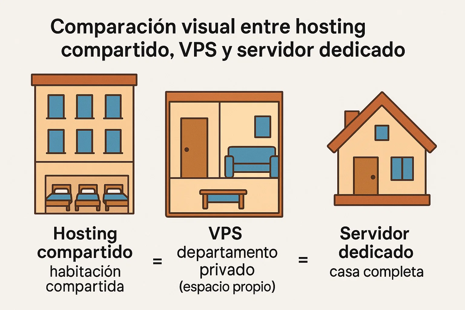 Comparación visual entre hosting compartido, VPS y servidor dedicado